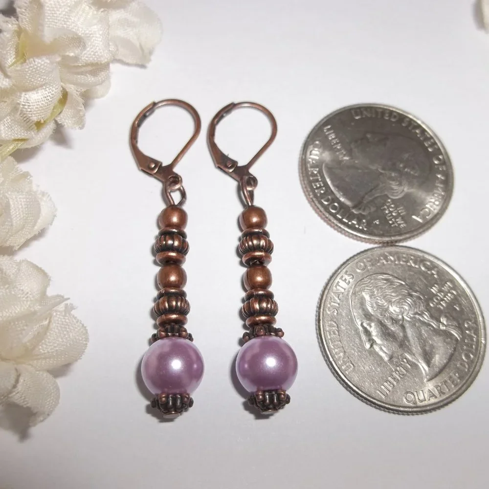 Copper and Purple Beaded Pearl Earrings Set Dangle and Drop Boho Style Pair 6930_2